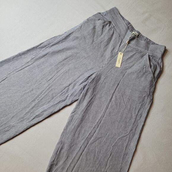Max Studio Women Size S NWT Pull On Wide Leg Pants Rayon Linen Blend Blue Stripe - Picture 1 of 10